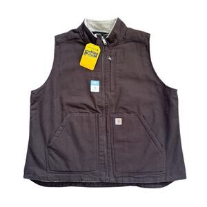 Carhartt Washed Duck Sherpa-Lined Mock Neck Vest Relaxed Fit Brown Womens 1X